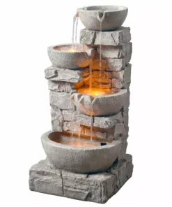 TeamsonUS Teamson Home Stacked Stone Tiered Bowl Waterfall Fountain W/ LED Light, Gray