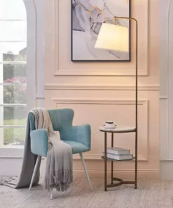 TeamsonUS Teamson Home Lilah Floor Lamp With Faux Marble Tray Table And Built-In USB Port, White/Brass