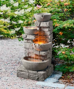 TeamsonUS Teamson Home Stacked Stone Tiered Bowl Waterfall Fountain W/ LED Light, Gray