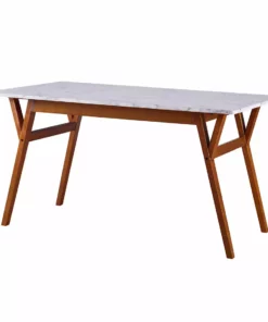 TeamsonUS Teamson Home Ashton Rectangular Marble-Look Dining Table With Wood Base, Marble/Walnut