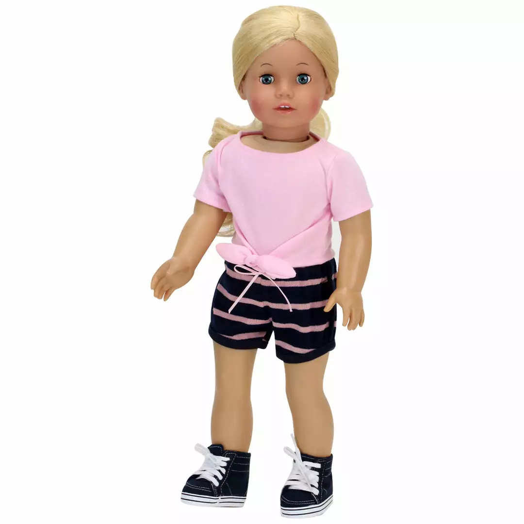 TeamsonUS Sophia's 2 Piece Summer Outfit With Tie Front Tee And Striped Shorts For 18" Dolls, Pink/Navy Kids 3 TeamsonUS Sophia's 2 Piece Summer Outfit With Tie Front Tee And Striped Shorts For 18" Dolls, Pink/Navy Kids