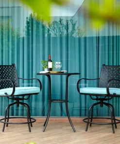 TeamsonUS Teamson Home Outdoor 3 Piece Steel Bar Height Bistro Table And Swivel Chairs With Cushions Set, Black