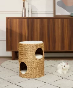 TeamsonUS Teamson Pets Neith Wicker Seagrass 3-Tier Cat Bed Condo With Cushions, Tan/Cream