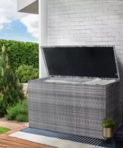 TeamsonUS Teamson Home Wicker 154 Gallon Outdoor Deck Box For Cushions Or Pool Accessory Storage, Gray New