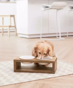 TeamsonUS Teamson Pets Billie Small Elevated Wood Pet Feeder With Ceramic Bowls, Brown New