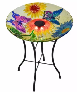 TeamsonUS Teamson Home Outdoor 18" Hand Painted Butterfly Fusion Glass Solar Bird Bath W/ Stand