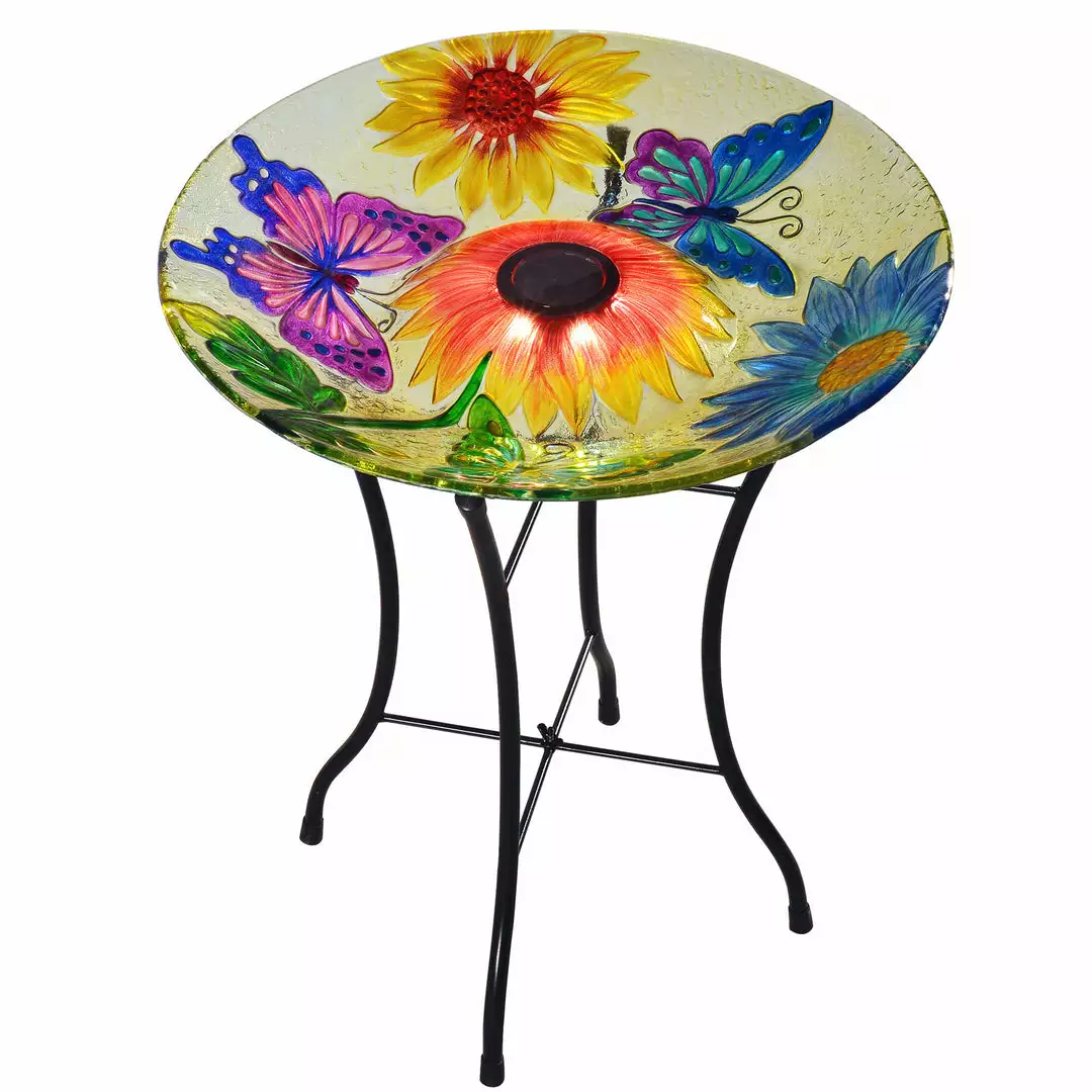 TeamsonUS Teamson Home Outdoor 18" Hand Painted Butterfly Fusion Glass Solar Bird Bath W/ Stand 3 TeamsonUS Teamson Home Outdoor 18" Hand Painted Butterfly Fusion Glass Solar Bird Bath W/ Stand