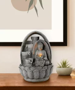 TeamsonUS Teamson Home 4-Tiered Buddha Tabletop Waterfall Fountain With LED Lights, Gray