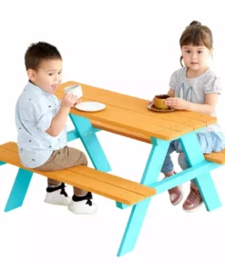 TeamsonUS Teamson Kids Child Sized Wooden Outdoor Picnic Table, Warm Honey/Aqua