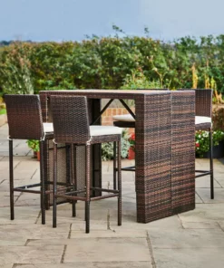 TeamsonUS New Teamson Home 5 Pc Outdoor Wicker Dining Set With Acacia Tabletop And Cushions, Brown