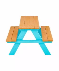 TeamsonUS Teamson Kids Child Sized Wooden Outdoor Picnic Table, Warm Honey/Aqua