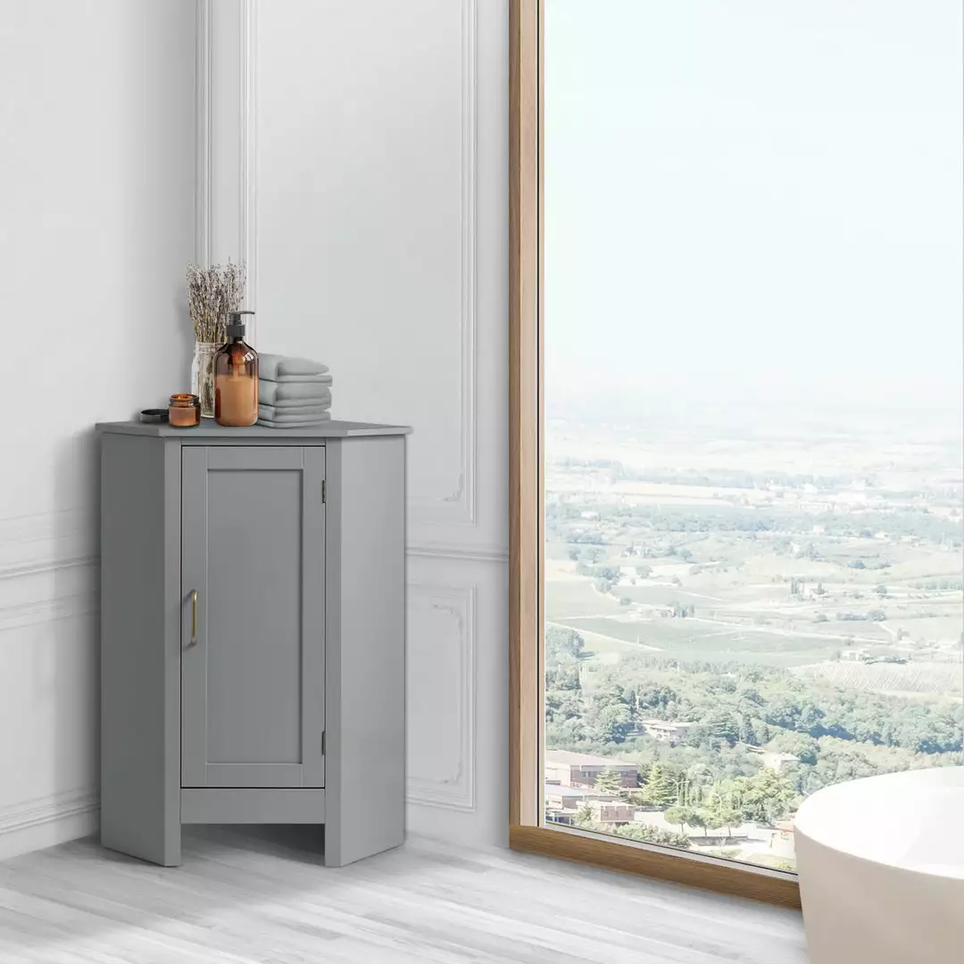 TeamsonUS Teamson Home Mercer Mid Century Modern Wooden Wedge-Shaped Corner Floor Storage Cabinet, Gray 4 TeamsonUS Teamson Home Mercer Mid Century Modern Wooden Wedge-Shaped Corner Floor Storage Cabinet, Gray