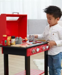 TeamsonUS Teamson Kids Little Helper Wooden Backyard BBQ Grill Playset With 26 Cooking Accessories, Red/Black