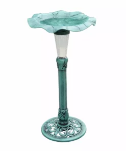 TeamsonUS Teamson Home Decorative Polyresin Lotus Leaf Pedestal Birdbath With LED Light, Green
