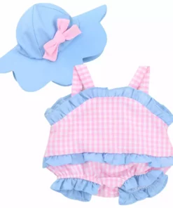 TeamsonUS Sophia's Gingham Romper Outfit And Hat Set For 15'' Dolls, Pink/Blue