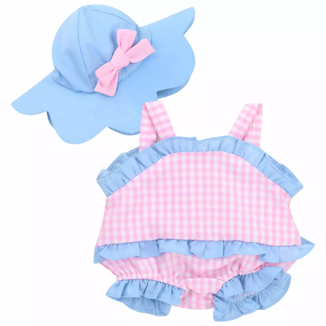 TeamsonUS Sophia's Gingham Romper Outfit And Hat Set For 15'' Dolls, Pink/Blue 3 TeamsonUS Sophia's Gingham Romper Outfit And Hat Set For 15'' Dolls, Pink/Blue