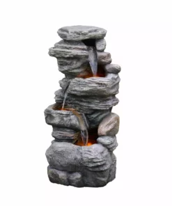 TeamsonUS New Teamson Home Indoor/Outdoor 4-Tier Stacked Stone-Look Tall Waterfall Fountain With LED Lights