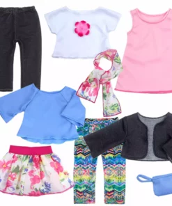 TeamsonUS Kids Sophia's 9 Piece Spring Wardrobe Mix And Match Set With Accessories For 18" Dolls, Pink/Blue