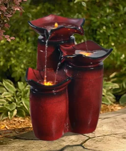 TeamsonUS Teamson Home Outdoor 3-Tier Glazed Pot Floor Fountain With LED Lights, Red
