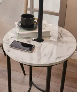 TeamsonUS Teamson Home Shenna Floor Lamp With Faux Marble Tray Table And Built-In USB Port, Black