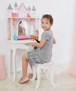 TeamsonUS Fantasy Fields Kids Dreamland Castle Vanity Set With Chair And Accessories, White/Pink