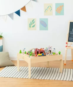 TeamsonUS Teamson Kids Preschool Play Lab Toys Wooden Table With 85-pc Train And Town Set, Natural