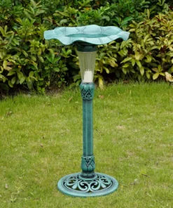 TeamsonUS Teamson Home Decorative Polyresin Lotus Leaf Pedestal Birdbath With LED Light, Green