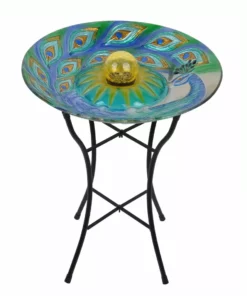 TeamsonUS Teamson Home 18 Inch Solar Glass Birdbath - Peacock