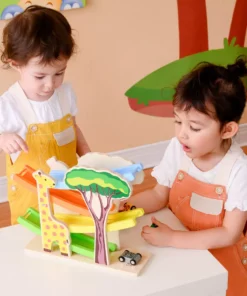 TeamsonUS Teamson Kids Preschool Play Lab Wooden Safari Ramp Racer With Animal Print Cars, Multicolor