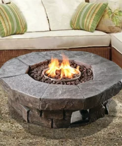 TeamsonUS Teamson Home Outdoor Circular Stone-Look Propane Gas Fire Pit, Slate Gray