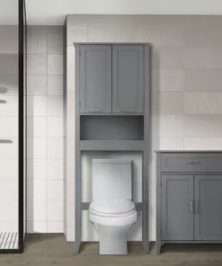 TeamsonUS Teamson Home Mercer Mid Century Modern Wooden Over-the-Toilet Storage Cabinet With Doors, Gray