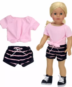 TeamsonUS Sophia's 2 Piece Summer Outfit With Tie Front Tee And Striped Shorts For 18" Dolls, Pink/Navy Kids 8 TeamsonUS Sophia's 2 Piece Summer Outfit With Tie Front Tee And Striped Shorts For 18