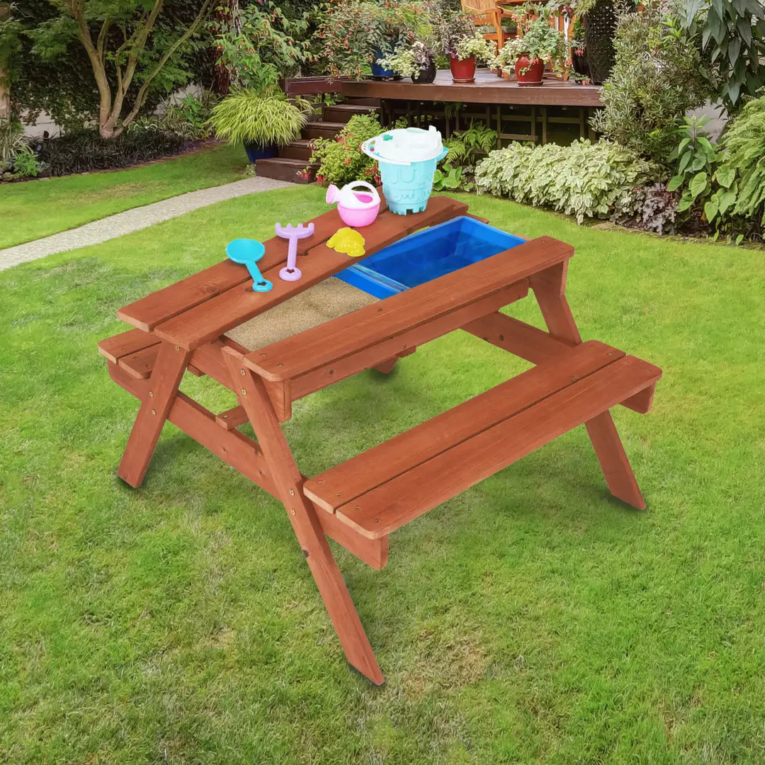 TeamsonUS Teamson Kids Outdoor Wooden Picnic Table With 2 Sensory Bins For Sand/Water Play Plus Accessories, Warm Cherry 4 TeamsonUS Teamson Kids Outdoor Wooden Picnic Table With 2 Sensory Bins For Sand/Water Play Plus Accessories, Warm Cherry