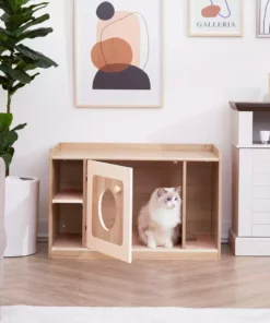 TeamsonUS Teamson Pets Daisy Mixed Wood Cat Litter Box Enclosure Storage Bench, Tan New