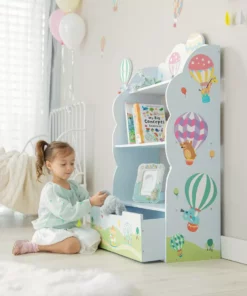 TeamsonUS Fantasy Fields Kids Hot Air Balloon Wooden Bookshelf With Storage Drawer, Blue/Green