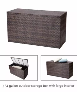 TeamsonUS Teamson Home Outdoor Rattan Wicker 154 Gallon Patio Storage Box With Lining, Brown New