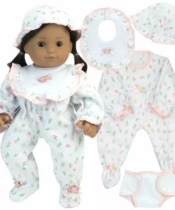 TeamsonUS Sophia's 5 Piece Floral Print Baby Doll And Bottle Set For 15'' Dolls, White/Pink