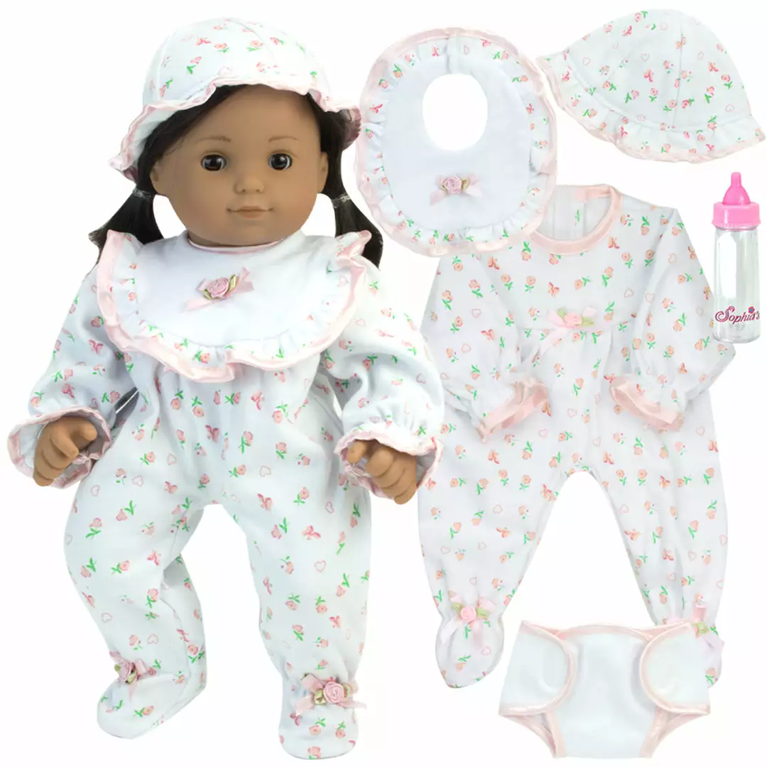 TeamsonUS Sophia's 5 Piece Floral Print Baby Doll And Bottle Set For 15'' Dolls, White/Pink 3 TeamsonUS Sophia's 5 Piece Floral Print Baby Doll And Bottle Set For 15'' Dolls, White/Pink