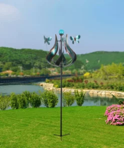 TeamsonUS Teamson Home Outdoor Solar Tulip And Butterfly Kinetic Windmill Sculpture With LED Light, Teal
