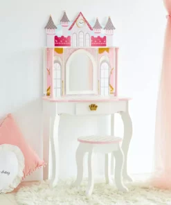 TeamsonUS Fantasy Fields Kids Dreamland Castle Vanity Set With Chair And Accessories, White/Pink