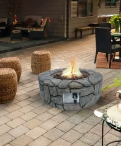 TeamsonUS Teamson Home 28" Outdoor Round Stone Propane Gas Fire Pit, Stone Gray