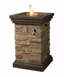 TeamsonUS Teamson Home 20" Outdoor Square Slate Rock Propane Gas Fire Pit With Natural Stone Steel Base, Brown