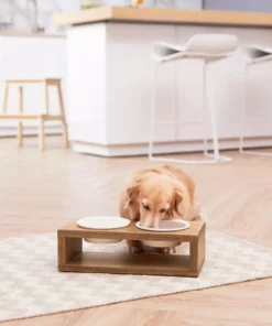 TeamsonUS Teamson Pets Billie Small Elevated Wood Pet Feeder With Ceramic Bowls, Brown New