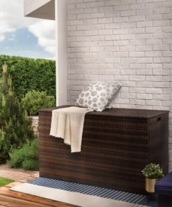 TeamsonUS Teamson Home Outdoor Rattan Wicker 154 Gallon Patio Storage Box With Lining, Brown New
