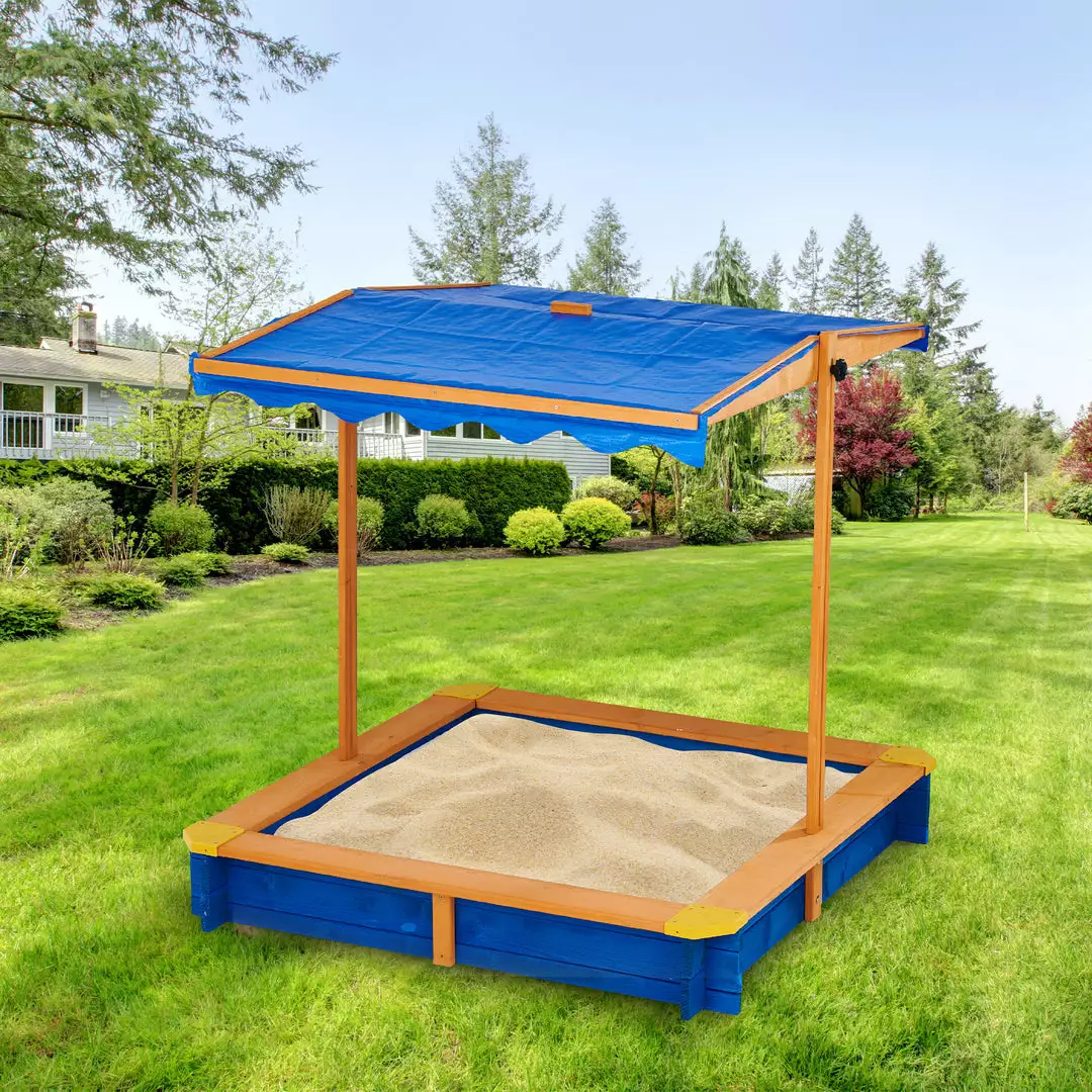 TeamsonUS Teamson Kids 4' Square Solid Wood Sandbox With Rotatable Canopy Cover, Honey/Blue 5 TeamsonUS Teamson Kids 4' Square Solid Wood Sandbox With Rotatable Canopy Cover, Honey/Blue
