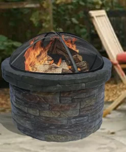 TeamsonUS Teamson Home 27" Outdoor Round Stone Wood Burning Fire Pit With Steel Base, Natural Stone
