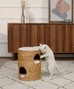 TeamsonUS Teamson Pets Neith Wicker Seagrass 3-Tier Cat Bed Condo With Cushions, Tan/Cream