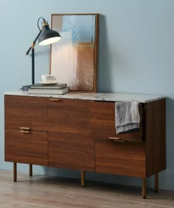 TeamsonUS Teamson Home Ashton Rectangular Wood Sideboard With Marble-Look Top And Metal Legs, Marble/Walnut
