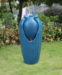 TeamsonUS Teamson Home Indoor/Outdoor Contemporary Glazed Contoured Vase Water Fountain With LED Lights, Blue