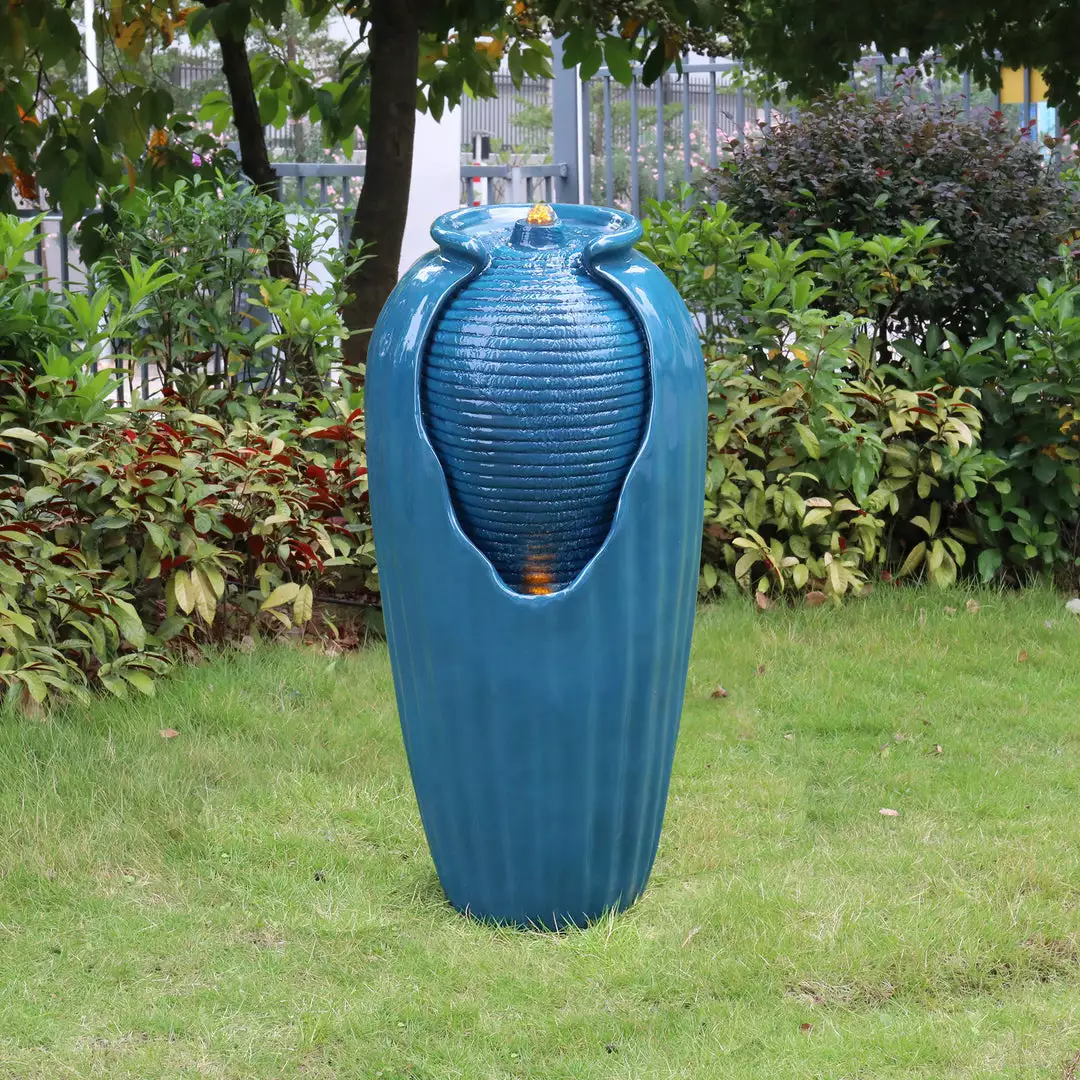TeamsonUS Teamson Home Indoor/Outdoor Contemporary Glazed Contoured Vase Water Fountain With LED Lights, Blue 4 TeamsonUS Teamson Home Indoor/Outdoor Contemporary Glazed Contoured Vase Water Fountain With LED Lights, Blue